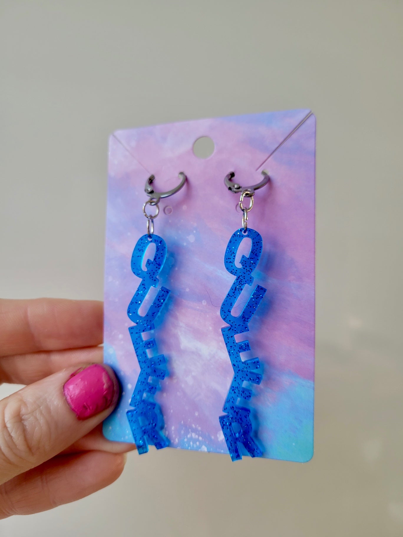 Light Blue Glitter QUEER Dangle Earrings with Leverback Hoops– Handmade Resin LGBTQ+ Pride Statement Jewellery