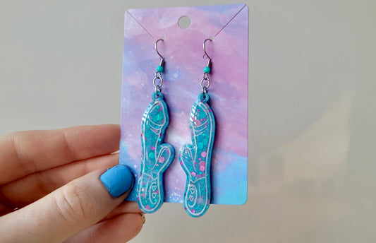 Blue and Purple Glitter Rabbit Vibrator Earrings – Resin Statement Dangles with Stainless Steel Silver Shepherd Hooks