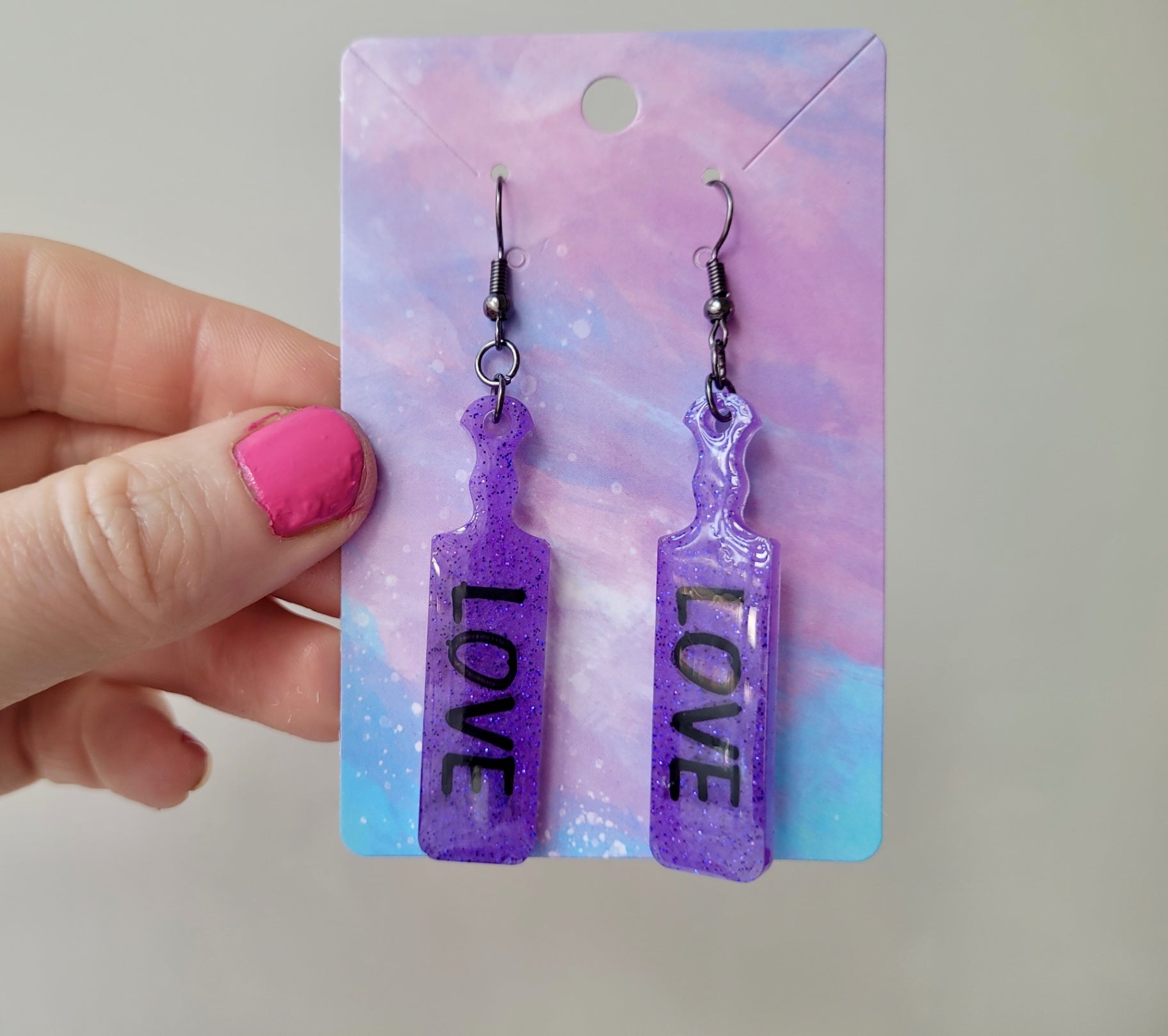Purple Glitter Paddle Earrings – “LOVE” 