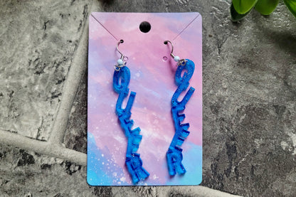 Light Blue Glitter “QUEER” Dangle Earrings with Shepherd Hooks – LGBTQ+ Statement