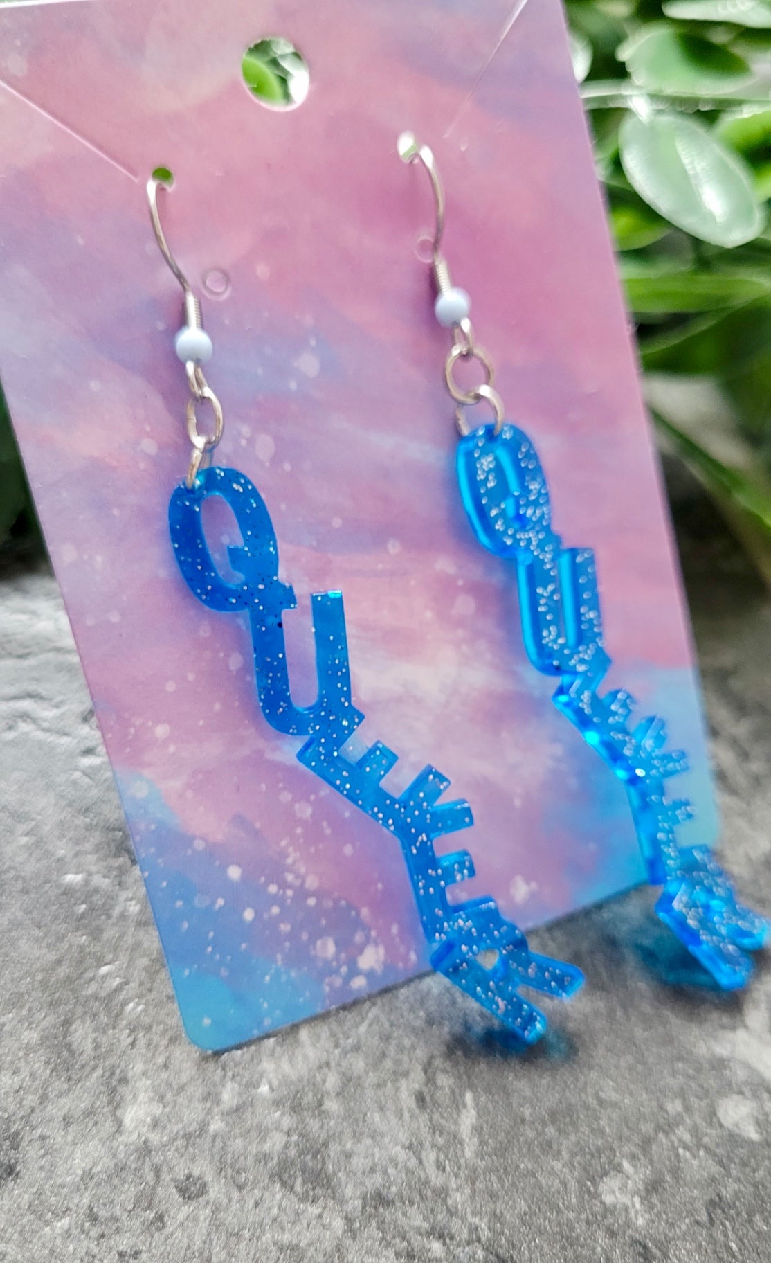 Light Blue Glitter “QUEER” Dangle Earrings with Shepherd Hooks – LGBTQ+ Statement