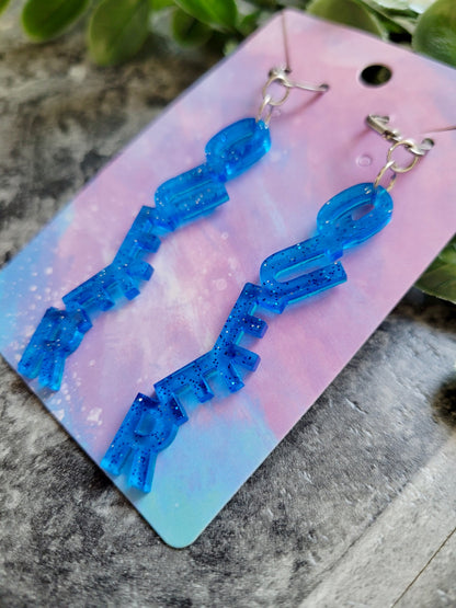 Light Blue Glitter QUEER Dangle Earrings with Leverback Hoops– Handmade Resin LGBTQ+ Pride Statement Jewellery