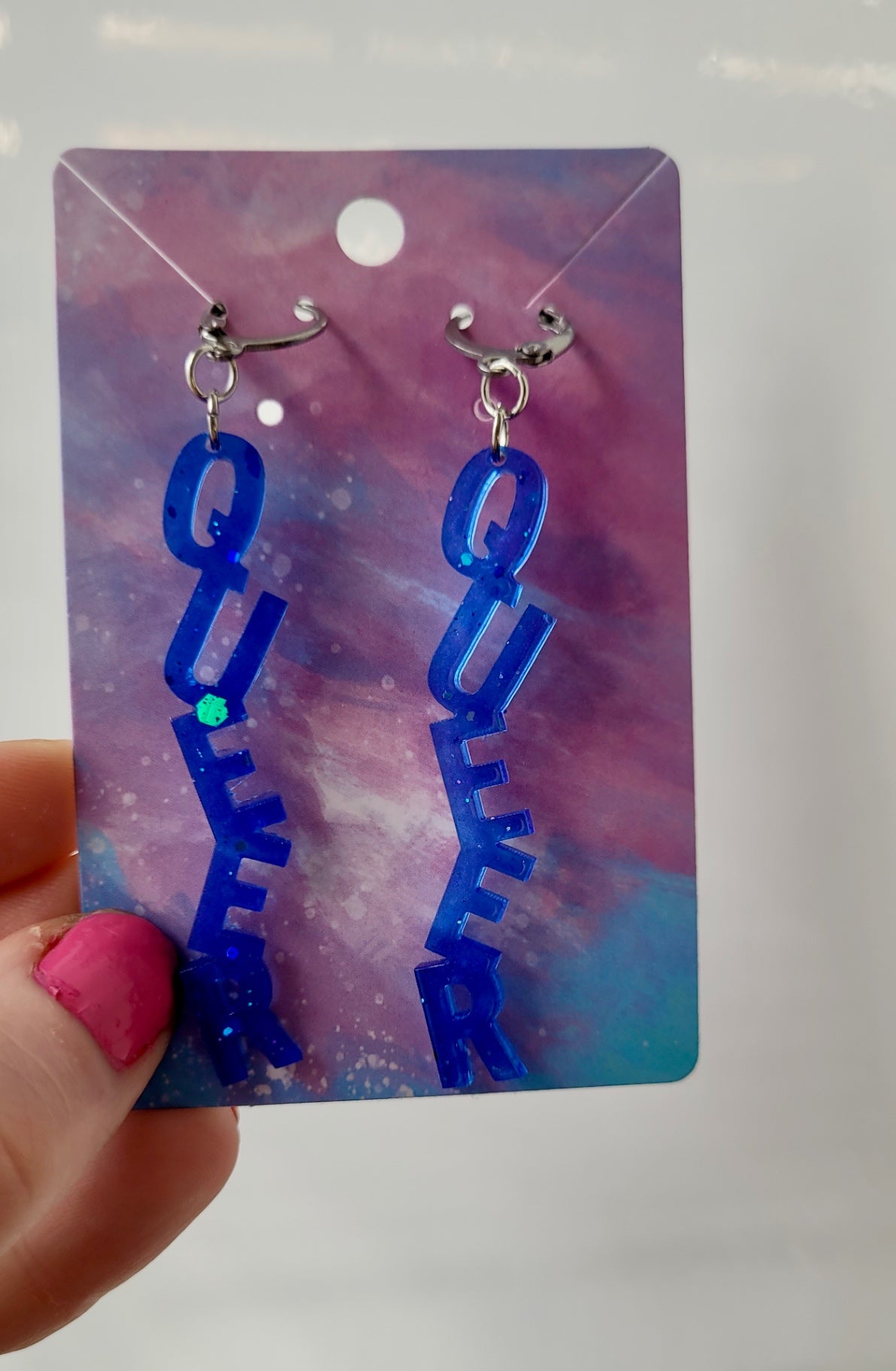 Dark Blue QUEER Dangle Earrings – Handmade Resin LGBTQ+ Pride Statement Jewellery