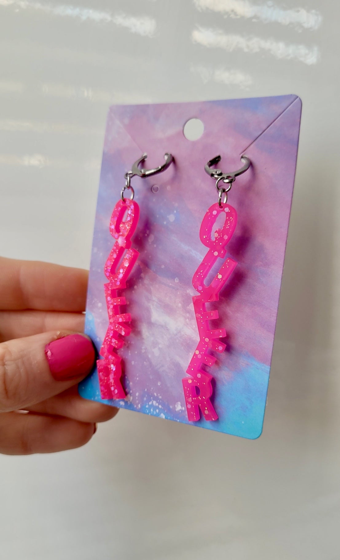 Pink Glitter QUEER Dangle Earrings – Handmade Alt LGBTQ+ Pride Jewellery