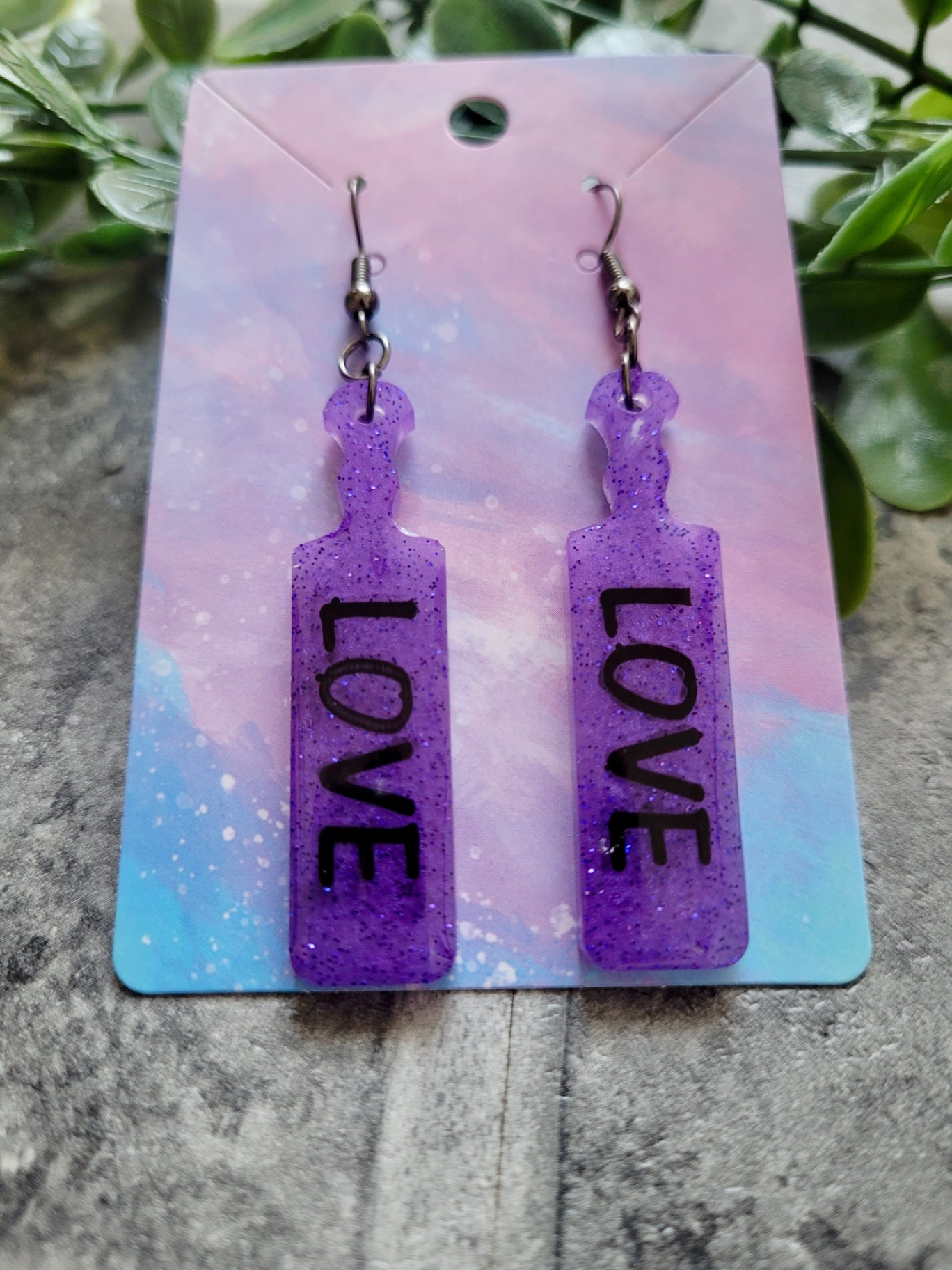 Purple Glitter Paddle Earrings – “LOVE” 