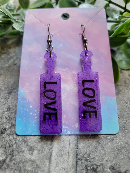 Purple Glitter Paddle Earrings – “LOVE” 