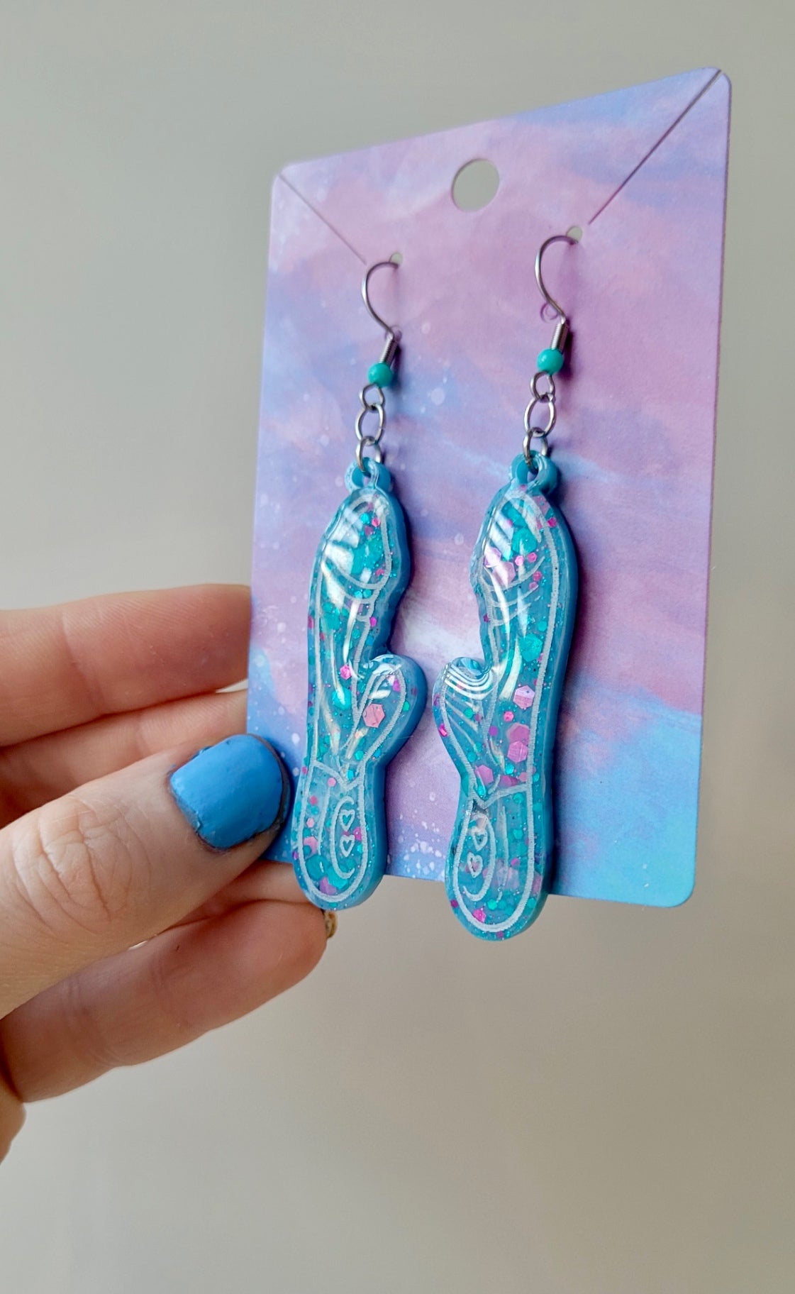 Blue and Purple Glitter Rabbit Vibrator Earrings – Resin Statement Dangles with Stainless Steel Silver Shepherd Hooks