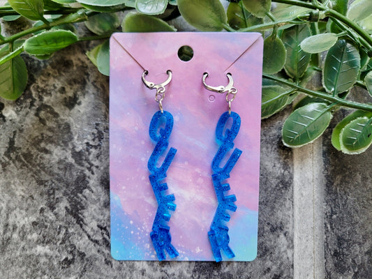 Light Blue Glitter QUEER Dangle Earrings with Leverback Hoops– Handmade Resin LGBTQ+ Pride Statement Jewellery