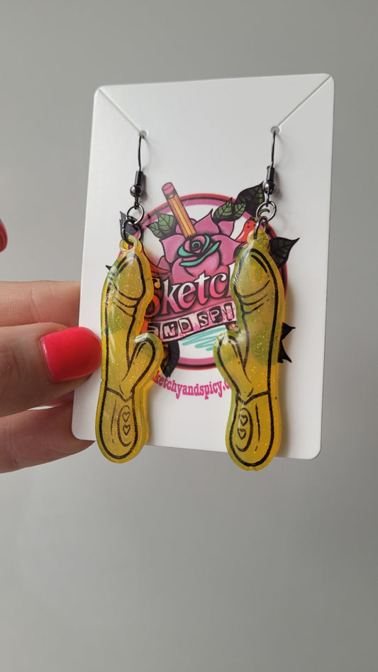 Yellow Rabbit Vibrator Earrings – Resin Statement Dangles with Gunmetal Black Shepherd Hooks