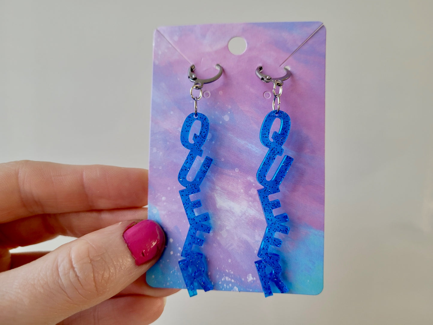 Light Blue Glitter QUEER Dangle Earrings with Leverback Hoops– Handmade Resin LGBTQ+ Pride Statement Jewellery