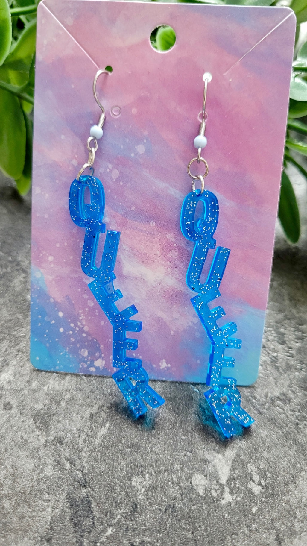 Light Blue Glitter “QUEER” Dangle Earrings with Shepherd Hooks – LGBTQ+ Statement