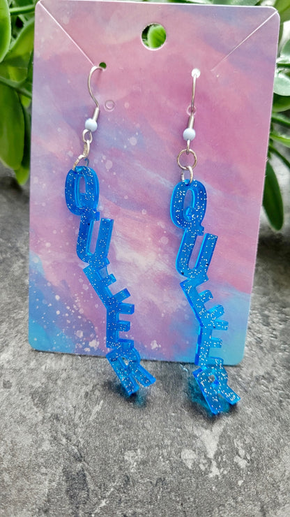 Light Blue Glitter “QUEER” Dangle Earrings with Shepherd Hooks – LGBTQ+ Statement