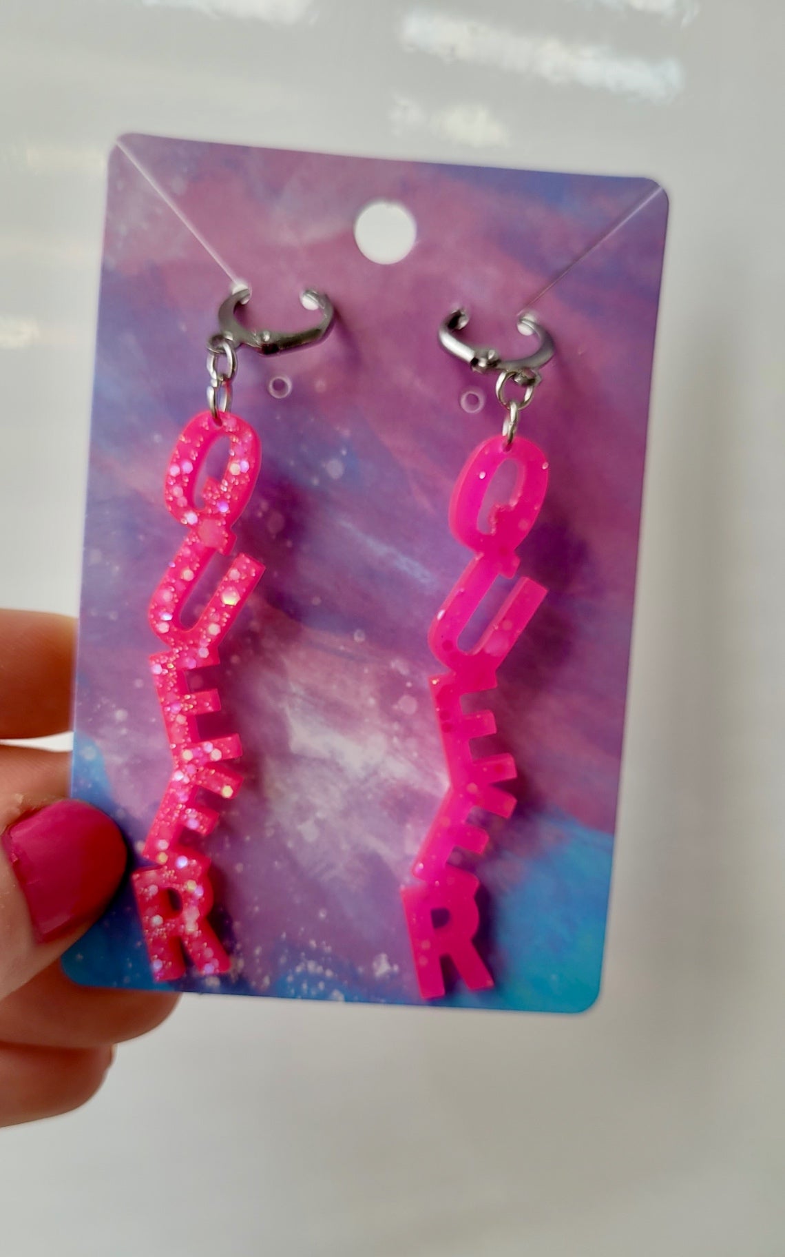 Pink Glitter QUEER Dangle Earrings – Handmade Alt LGBTQ+ Pride Jewellery