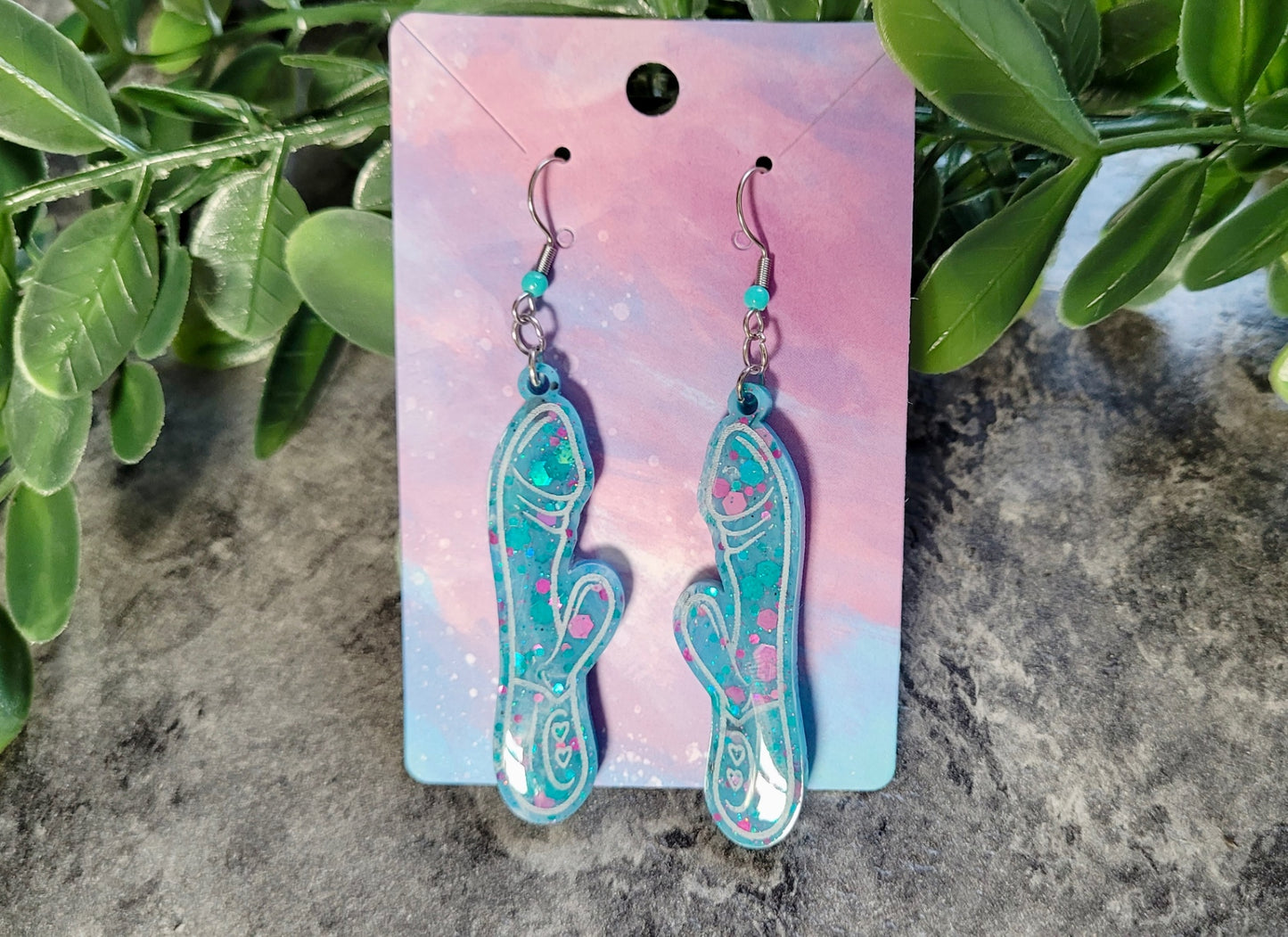 Blue and Purple Glitter Rabbit Vibrator Earrings – Resin Statement Dangles with Stainless Steel Silver Shepherd Hooks