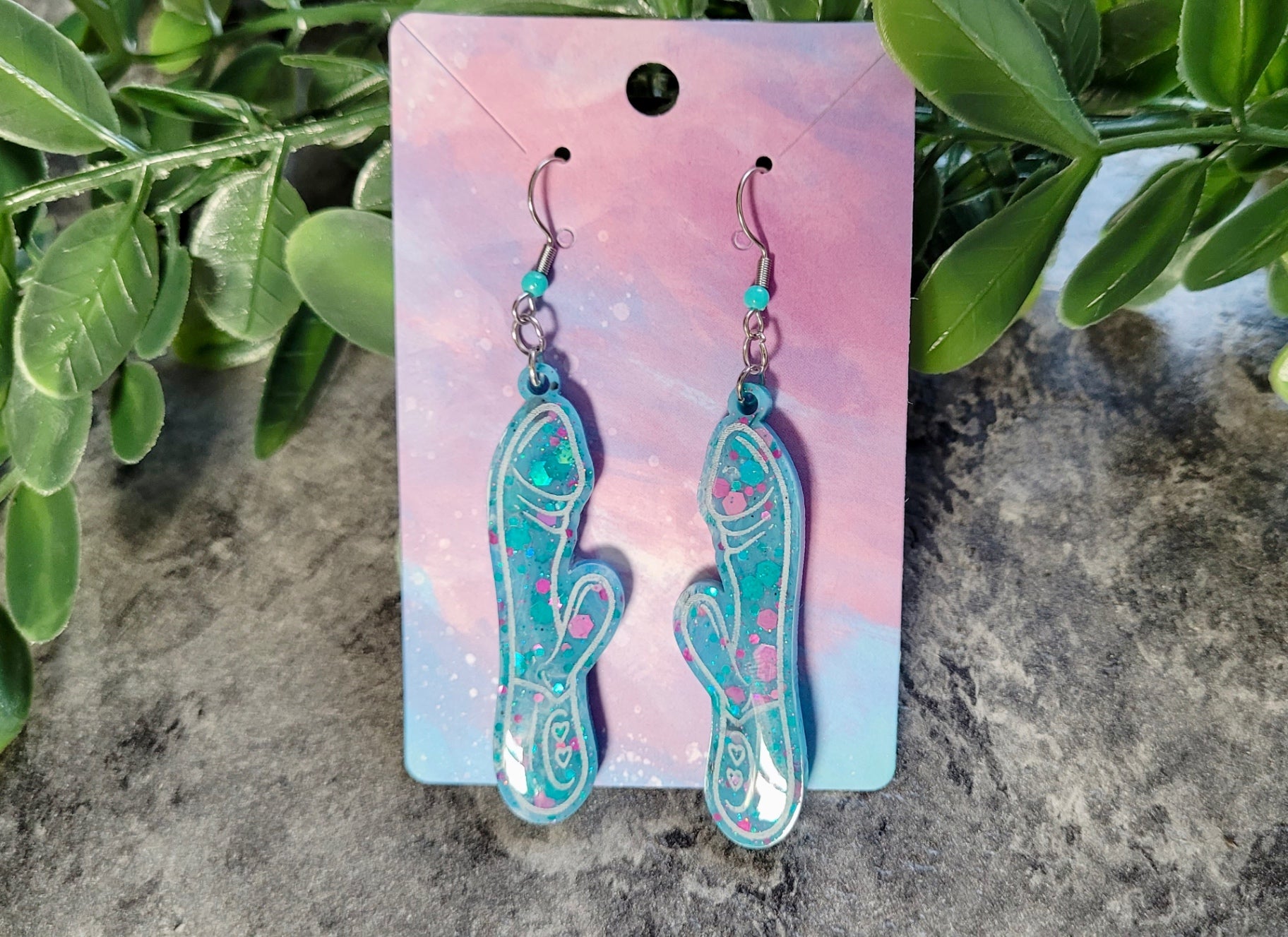 Blue and Purple Glitter Rabbit Vibrator Earrings – Resin Statement Dangles with Stainless Steel Silver Shepherd Hooks