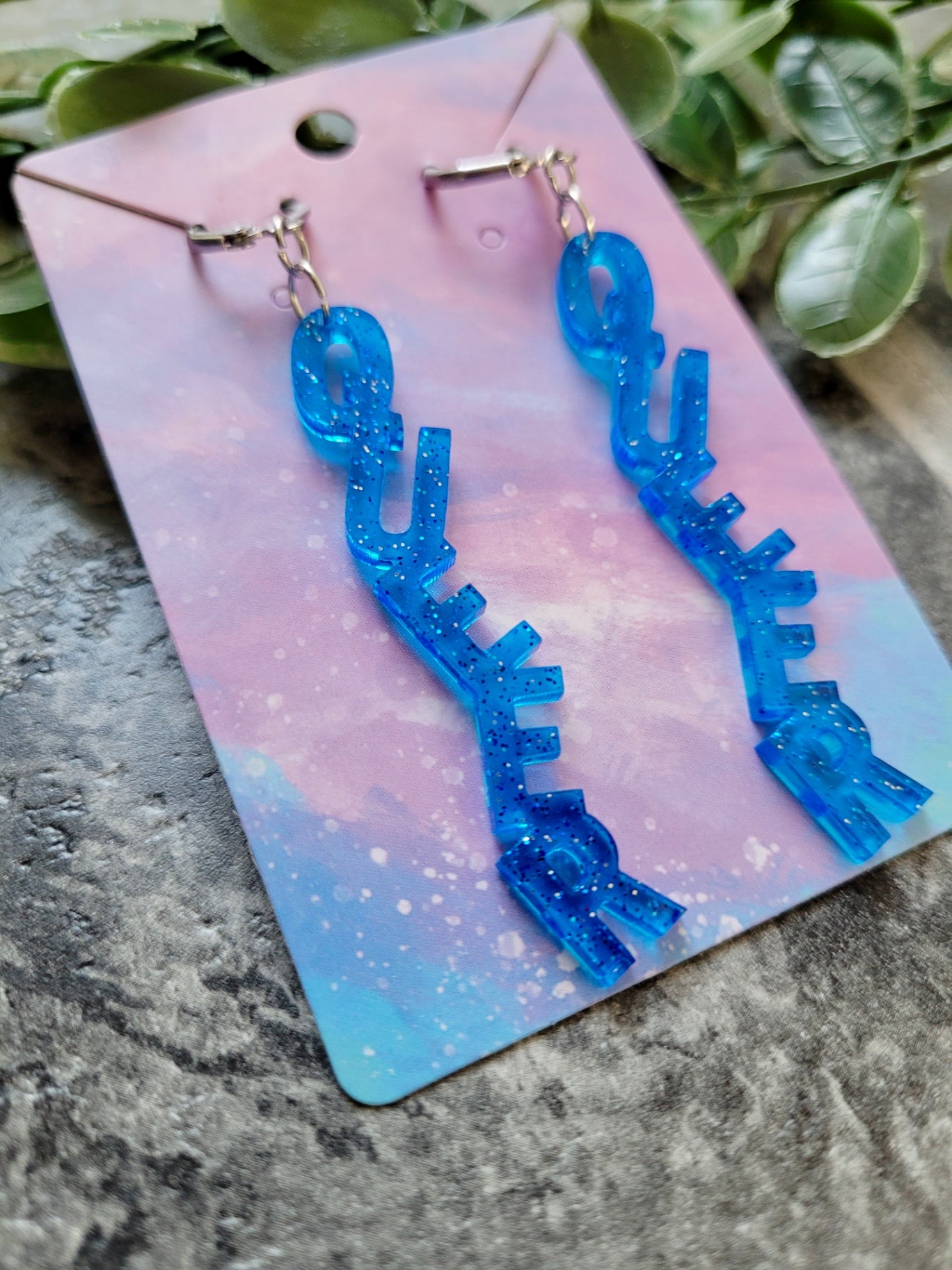 Light Blue Glitter QUEER Dangle Earrings with Leverback Hoops– Handmade Resin LGBTQ+ Pride Statement Jewellery