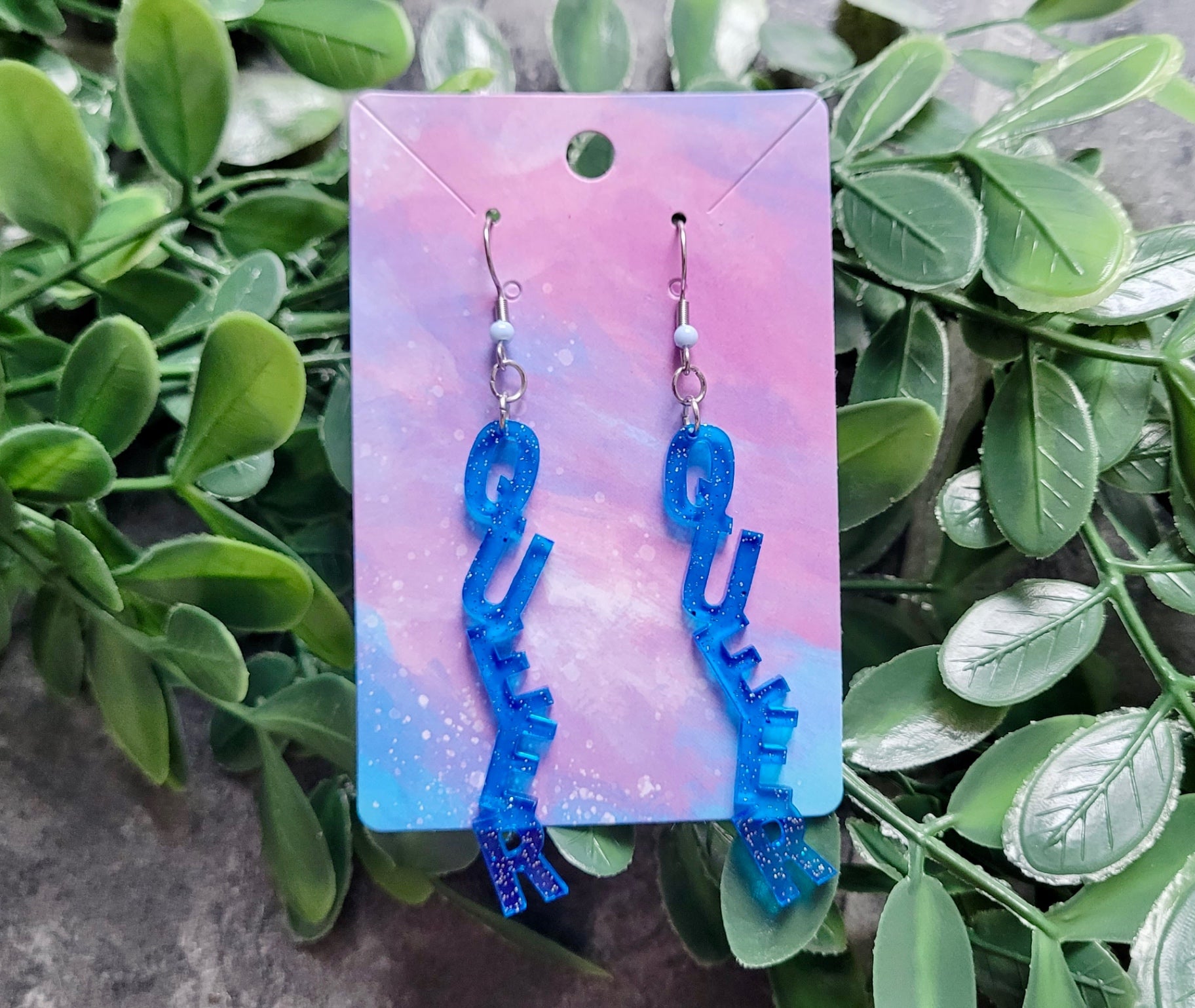 Light Blue Glitter “QUEER” Dangle Earrings with Shepherd Hooks – LGBTQ+ Statement