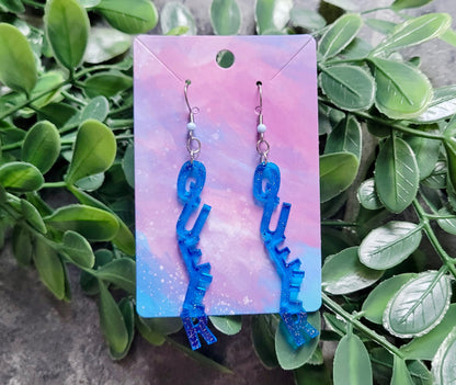 Light Blue Glitter “QUEER” Dangle Earrings with Shepherd Hooks – LGBTQ+ Statement