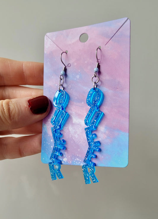 Light Blue Glitter “QUEER” Dangle Earrings with Shepherd Hooks – LGBTQ+ Statement