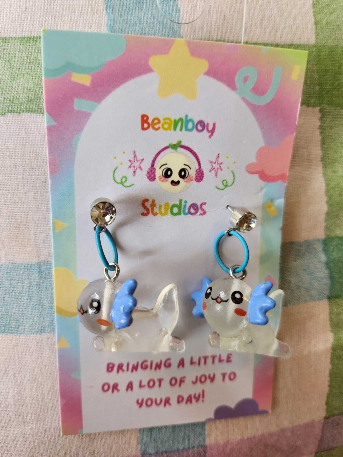 Blue and clear Axolotl Earrings