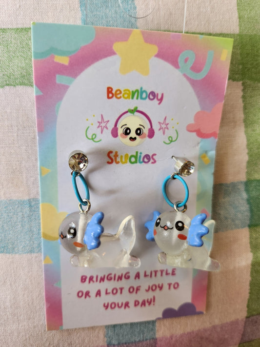 Blue and clear Axolotl Earrings