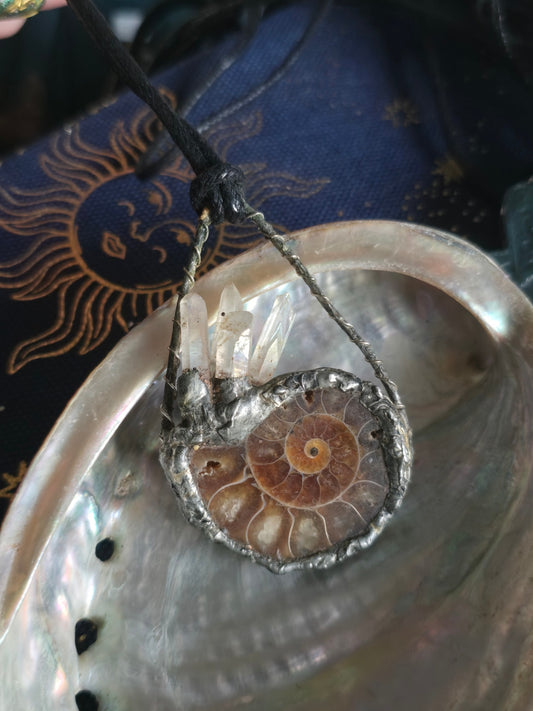 Ammonite and aura coated quartz necklace 