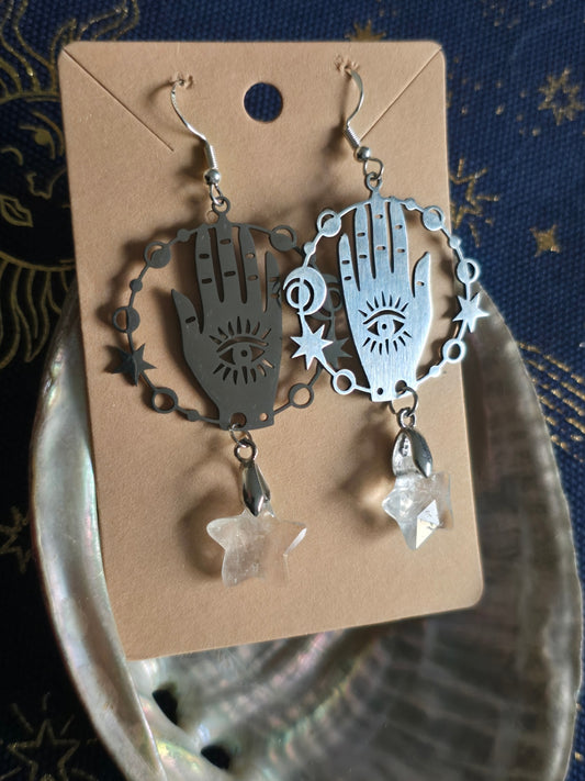 Hamsa clear quartz star earrings