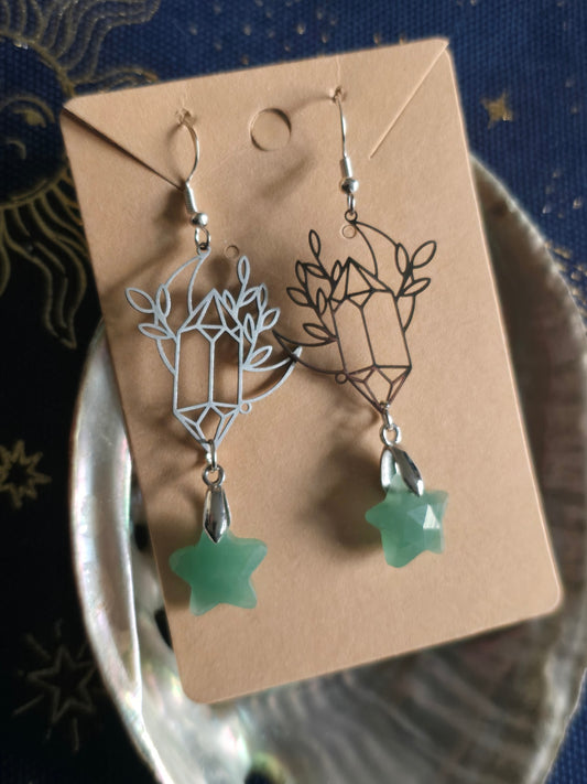 Crystal moon green aventurine star earrings 