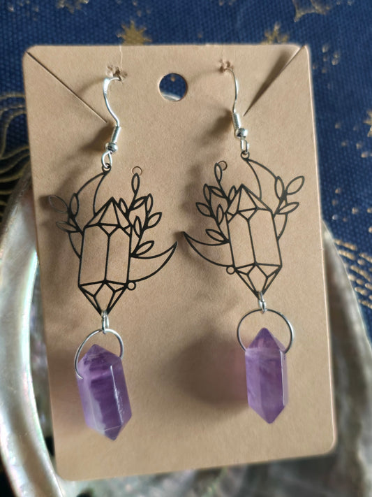 Amethyst crystal moon mini point earrings 