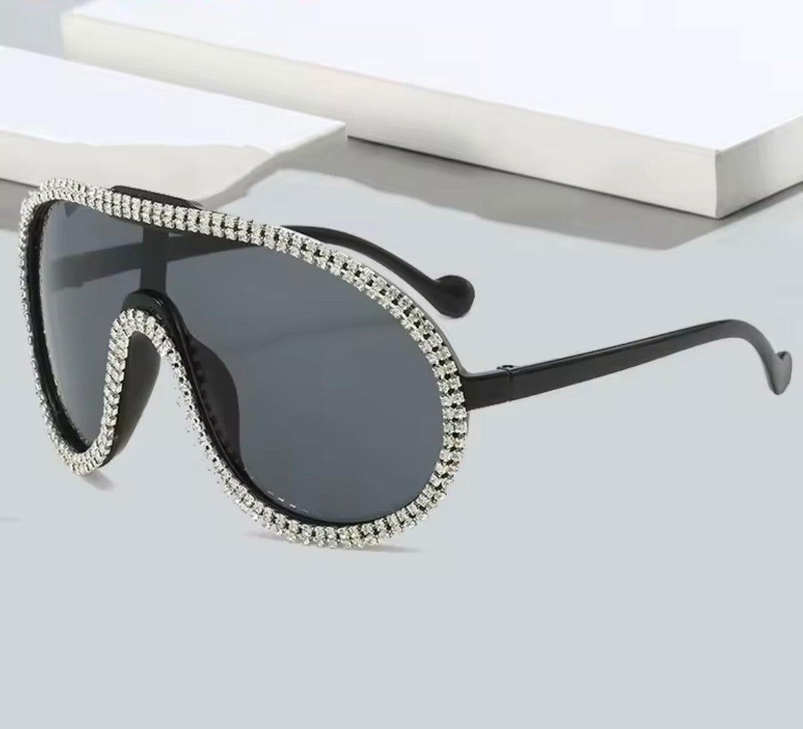 The Paris Crystal Shield Sunglasses – Y2K Oversized Glam Grey