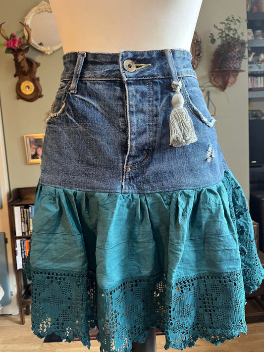 Green Lace Denim Skirt