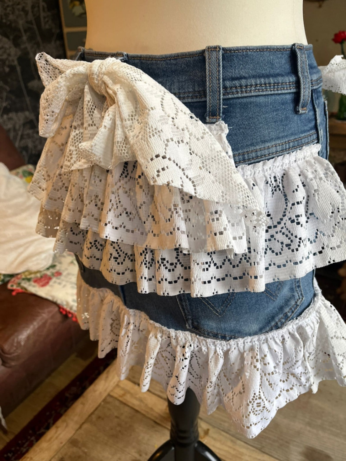 Lace Bow Denim Skirt