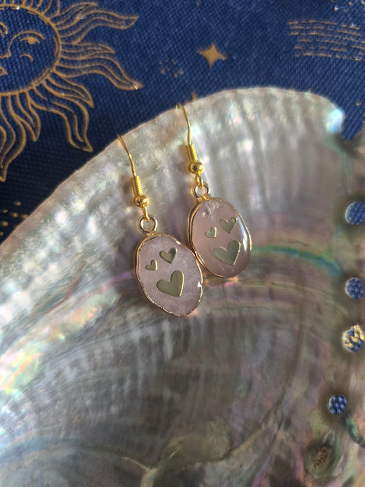 Rose quartz oval  heart earrings 