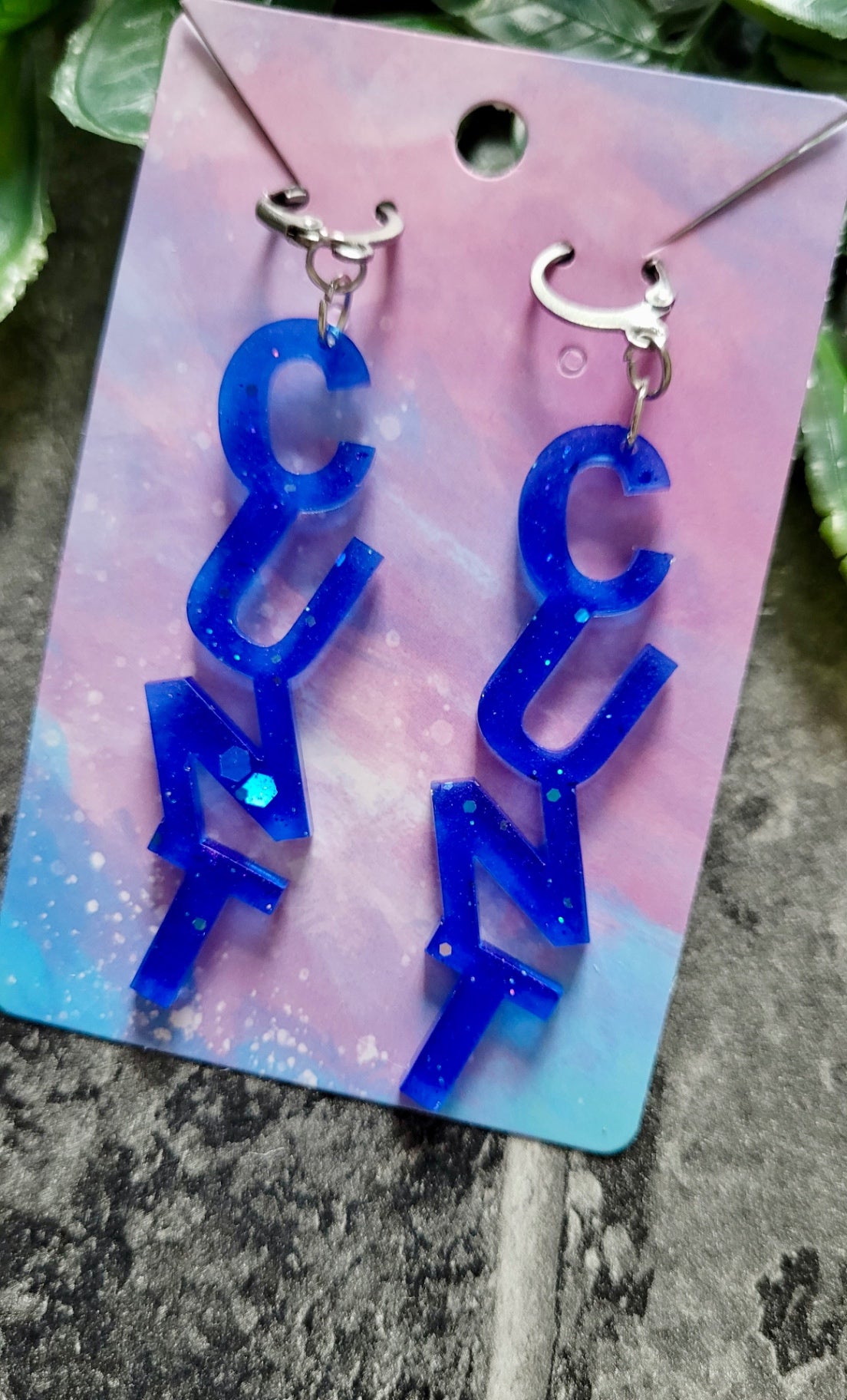Dark Blue Glitter C*NT Earrings – with Stainless Steel Hoops