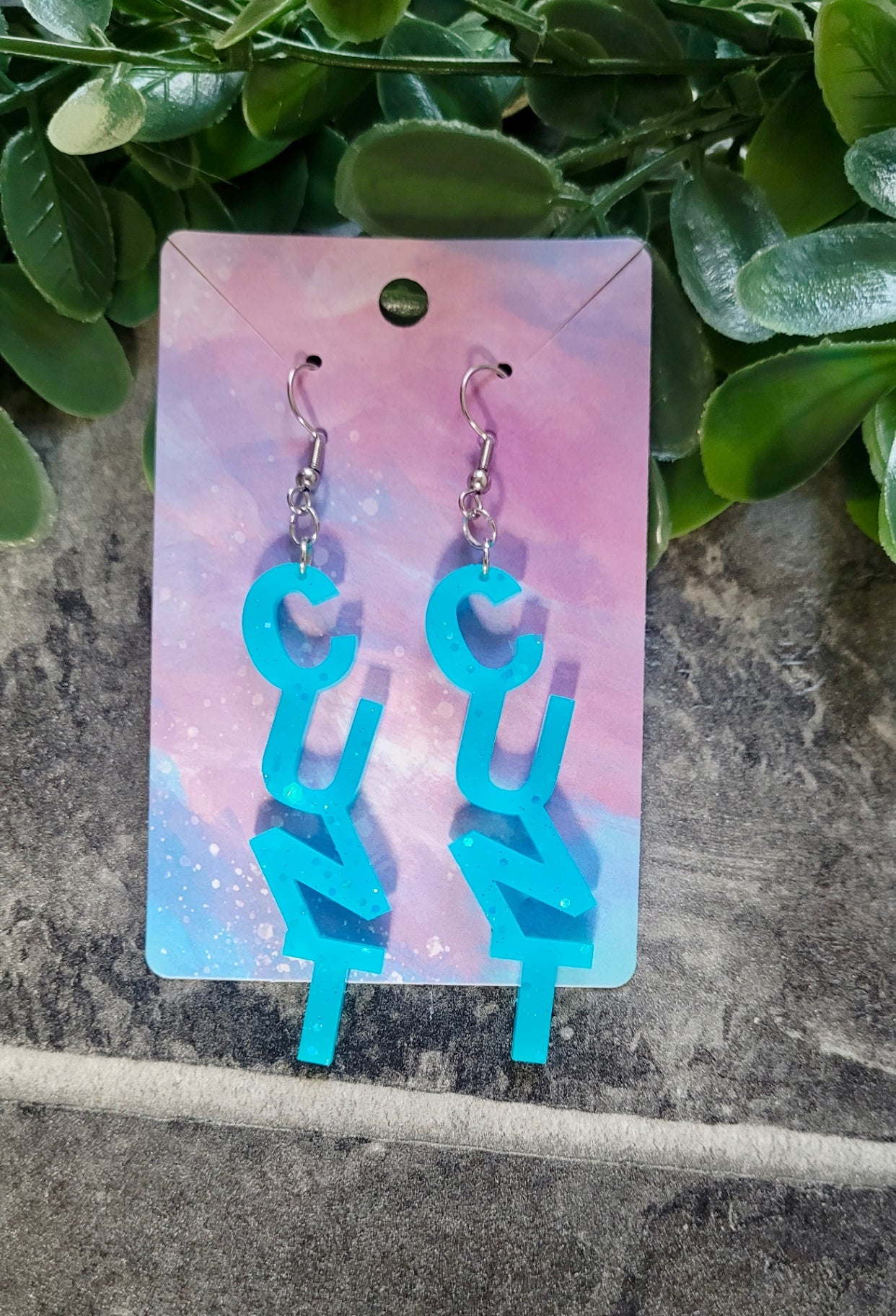 Bold Blue Glitter C*NT Earrings – with Stainless Steel Hooks
