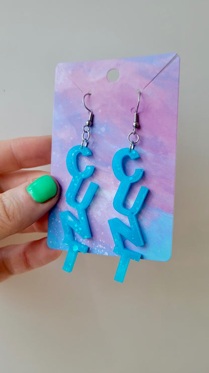 Bold Blue Glitter C*NT Earrings – with Stainless Steel Hooks