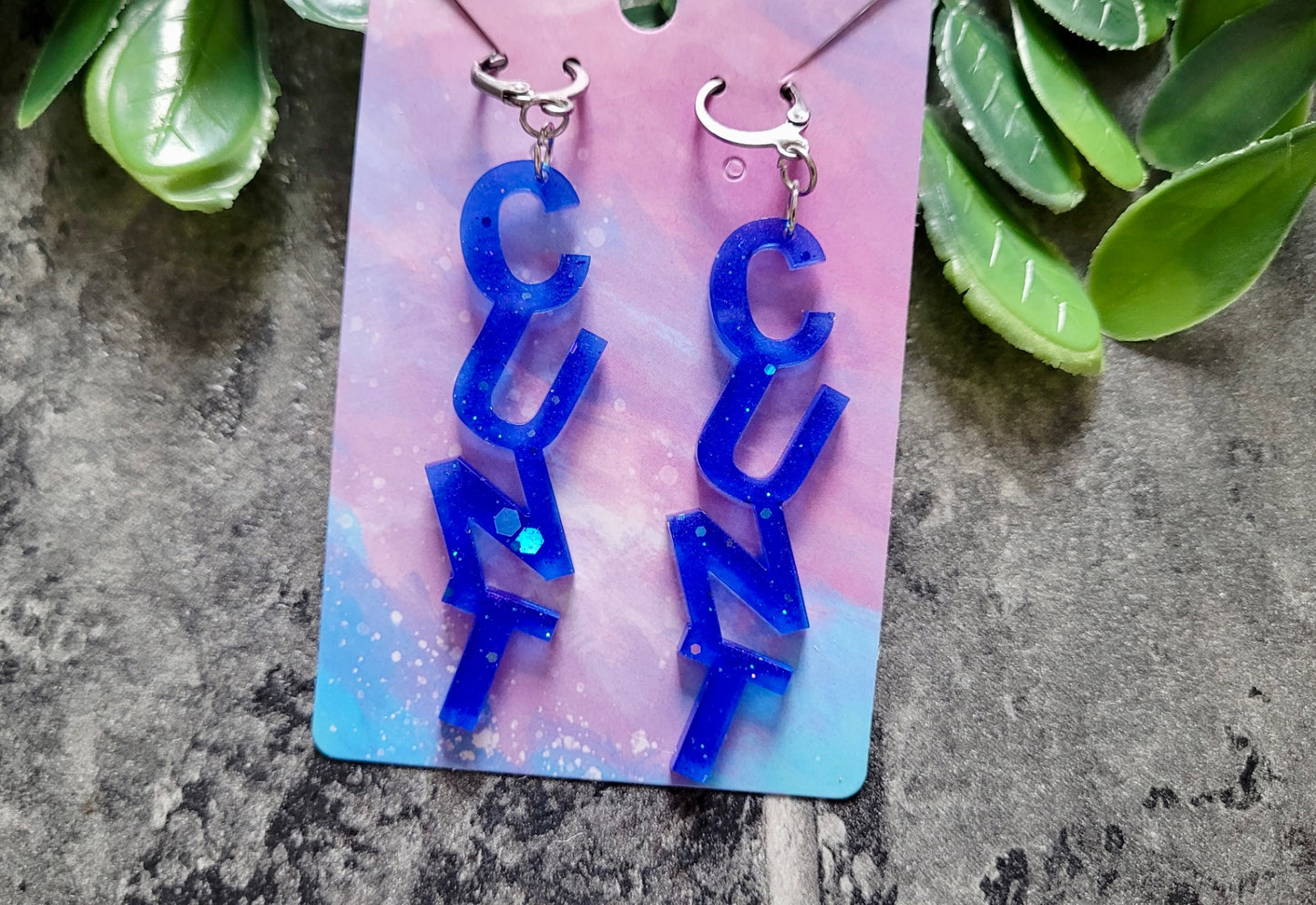 Dark Blue Glitter C*NT Earrings – with Stainless Steel Hoops
