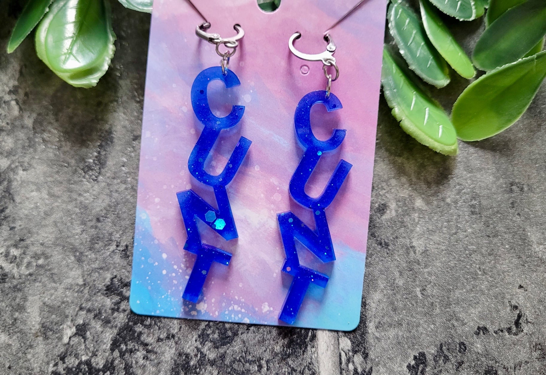 Dark Blue Glitter C*NT Earrings – with Stainless Steel Hoops