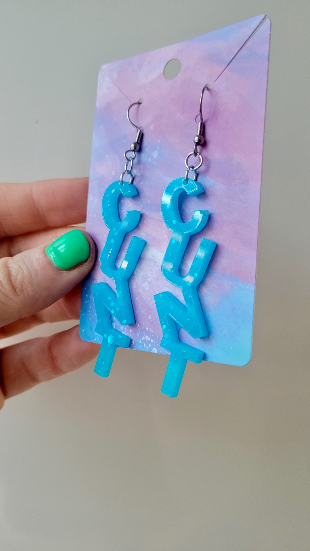 Bold Blue Glitter C*NT Earrings – with Stainless Steel Hooks