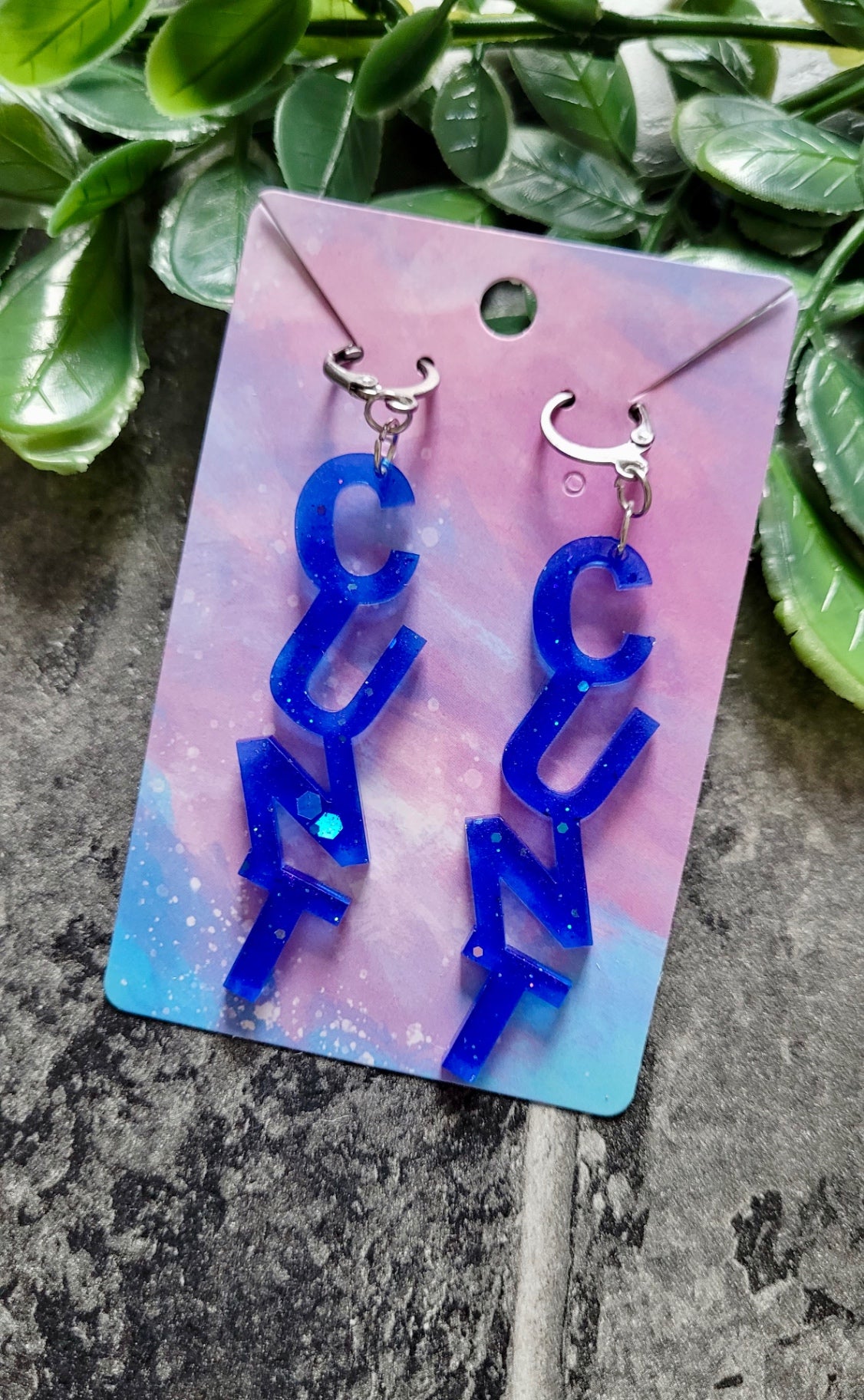 Dark Blue Glitter C*NT Earrings – with Stainless Steel Hoops