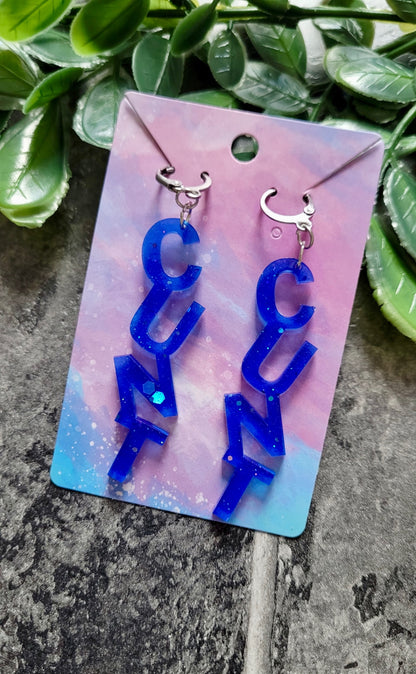 Dark Blue Glitter C*NT Earrings – with Stainless Steel Hoops