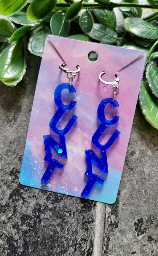 Dark Blue Glitter C*NT Earrings – with Stainless Steel Hoops