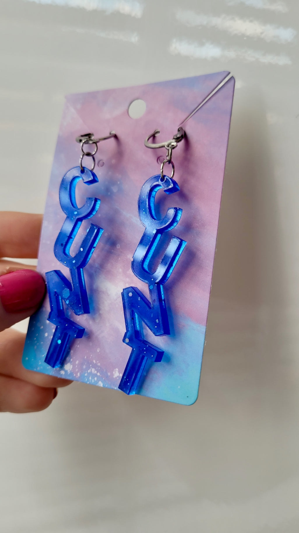 Dark Blue Glitter C*NT Earrings – with Stainless Steel Hoops