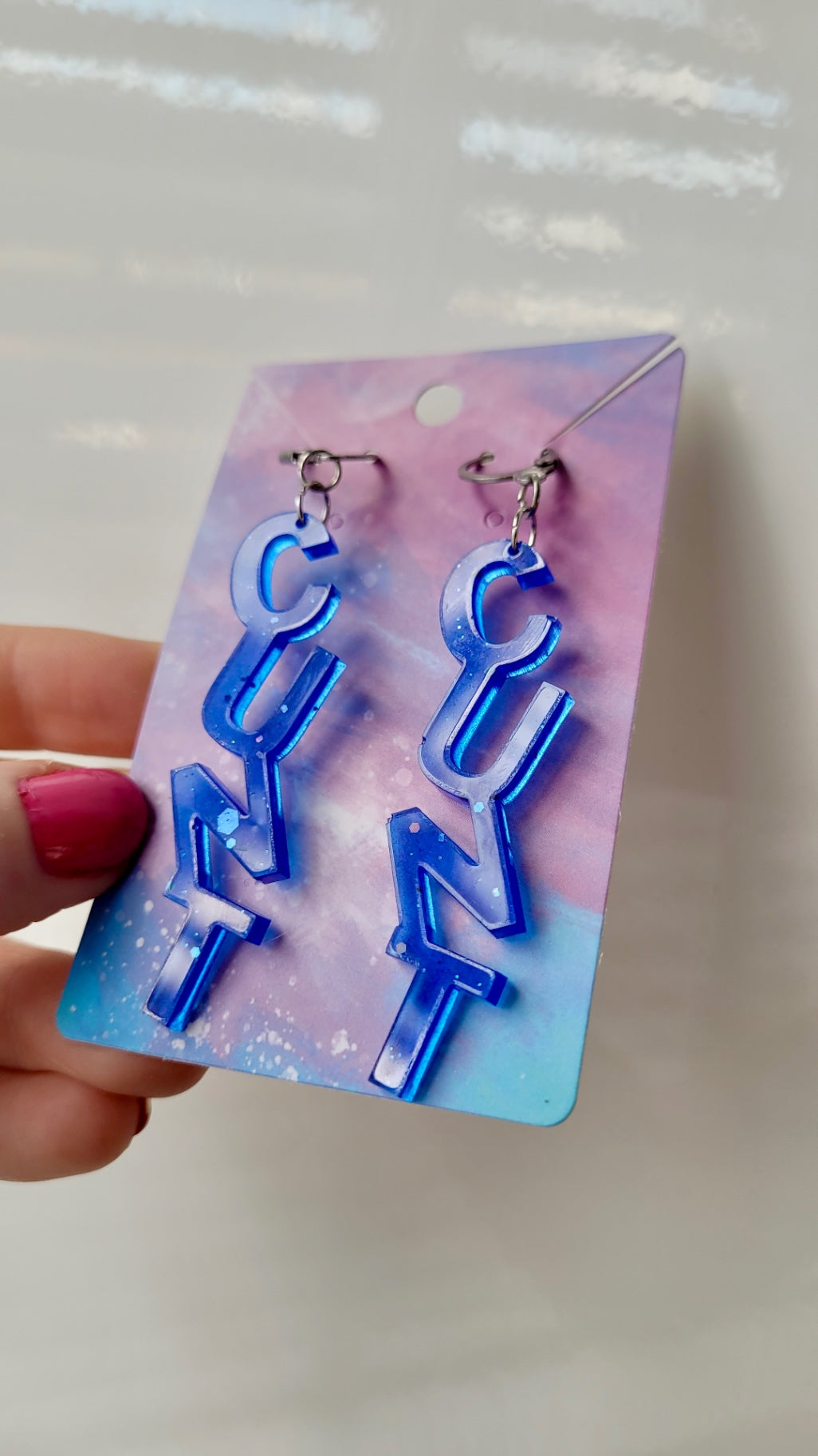 Dark Blue Glitter C*NT Earrings – with Stainless Steel Hoops