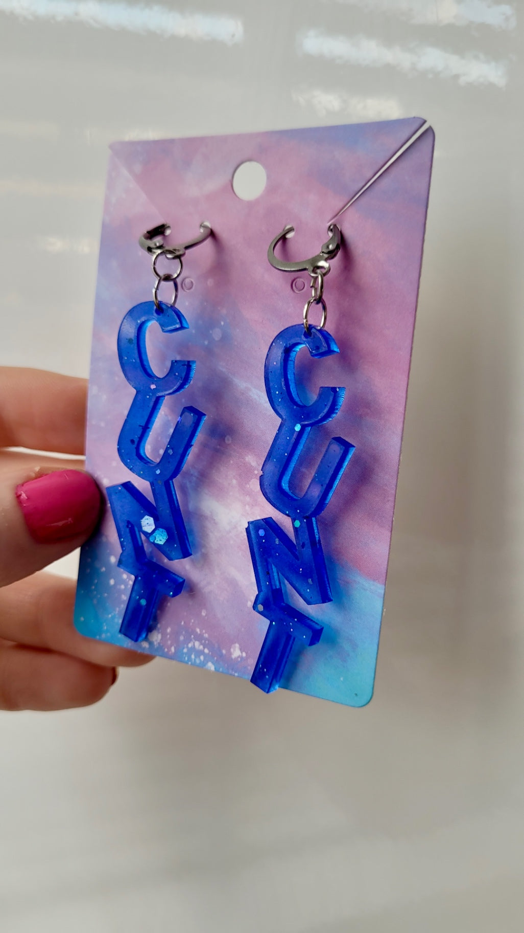 Dark Blue Glitter C*NT Earrings – with Stainless Steel Hoops