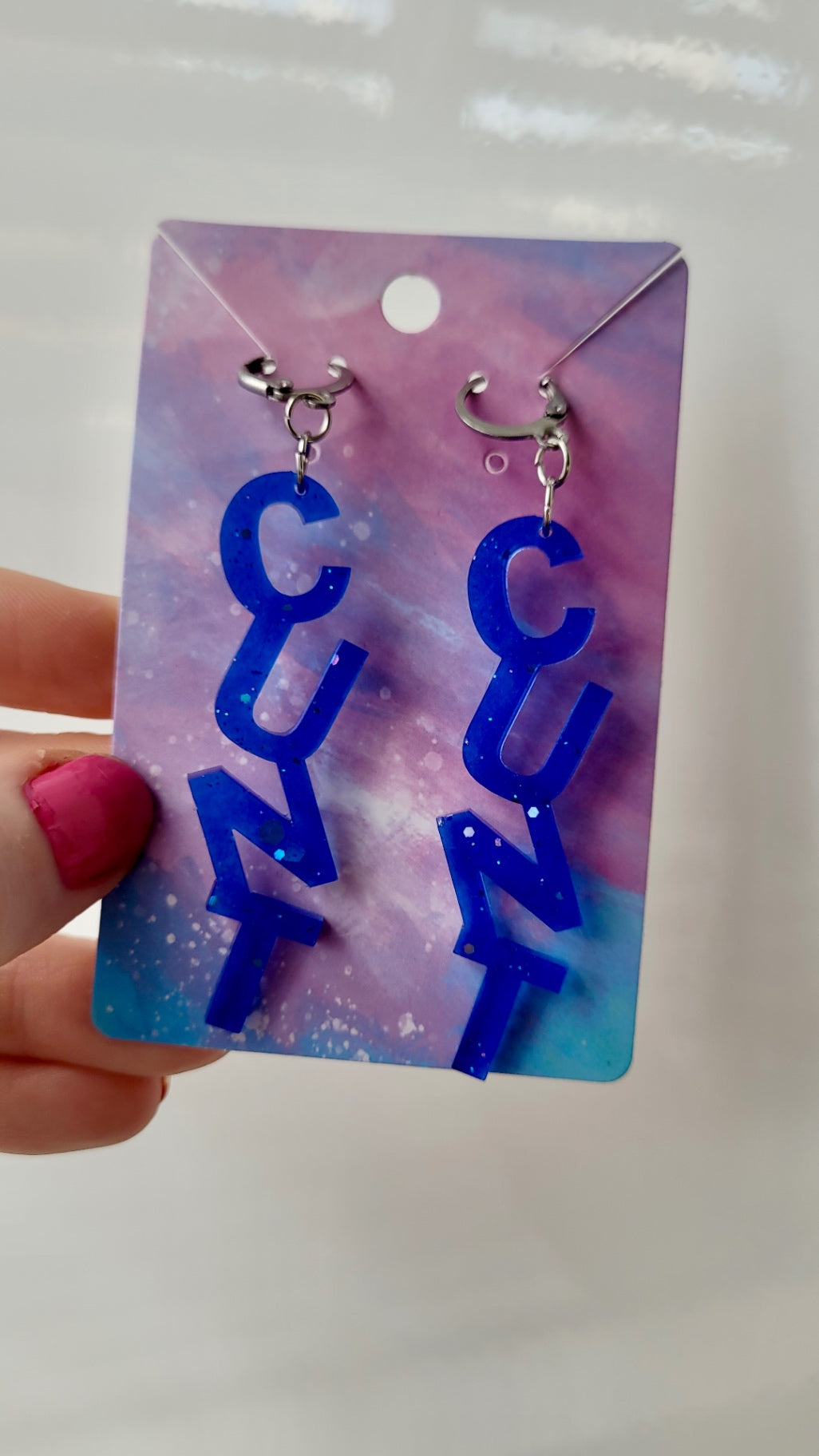 Dark Blue Glitter C*NT Earrings – with Stainless Steel Hoops