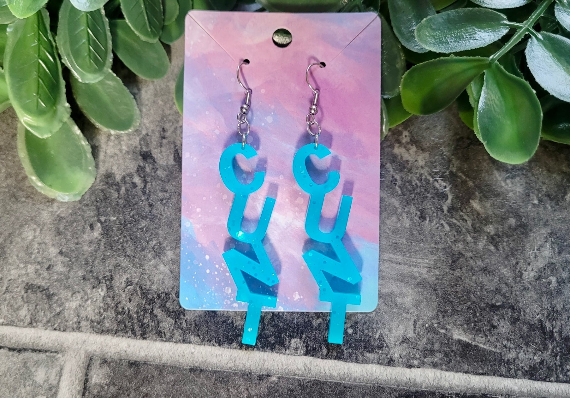 Bold Blue Glitter C*NT Earrings – with Stainless Steel Hooks