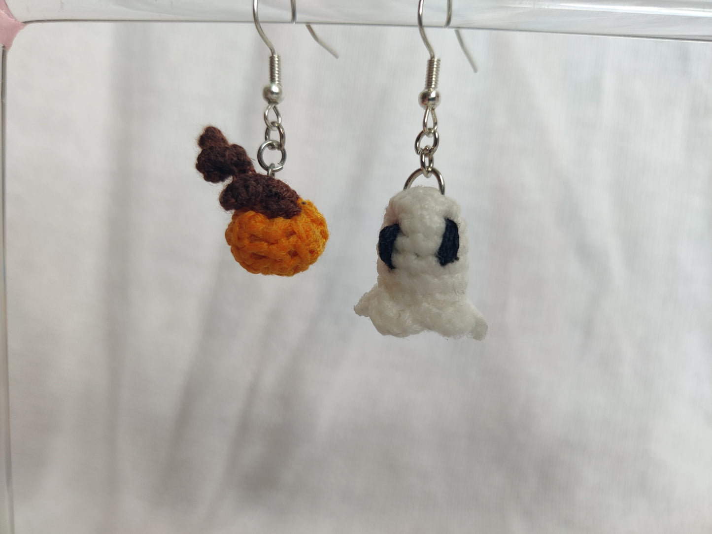 Halloween earrings, crochet ghost and pumpkin