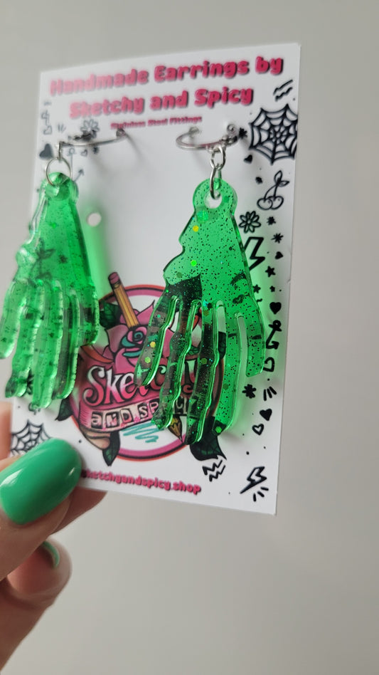 Green Glitter Zombie Hand Earrings - Stainless Steel Hoops