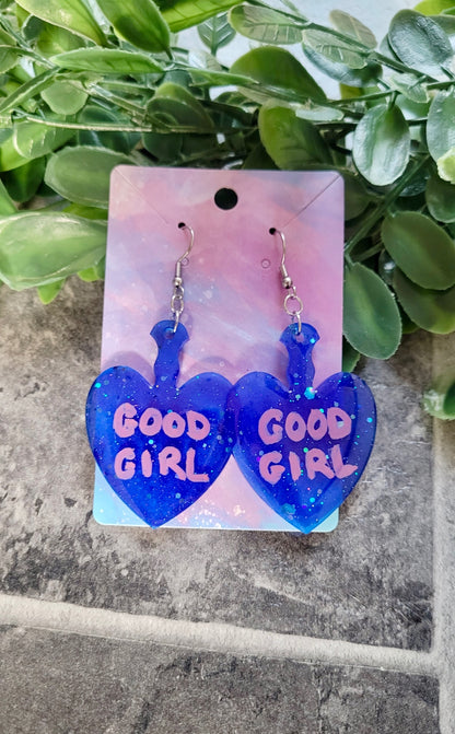 Dark Blue Glitter “GOOD GIRL” Paddle Heart Earrings - Stainless Steel Hooks